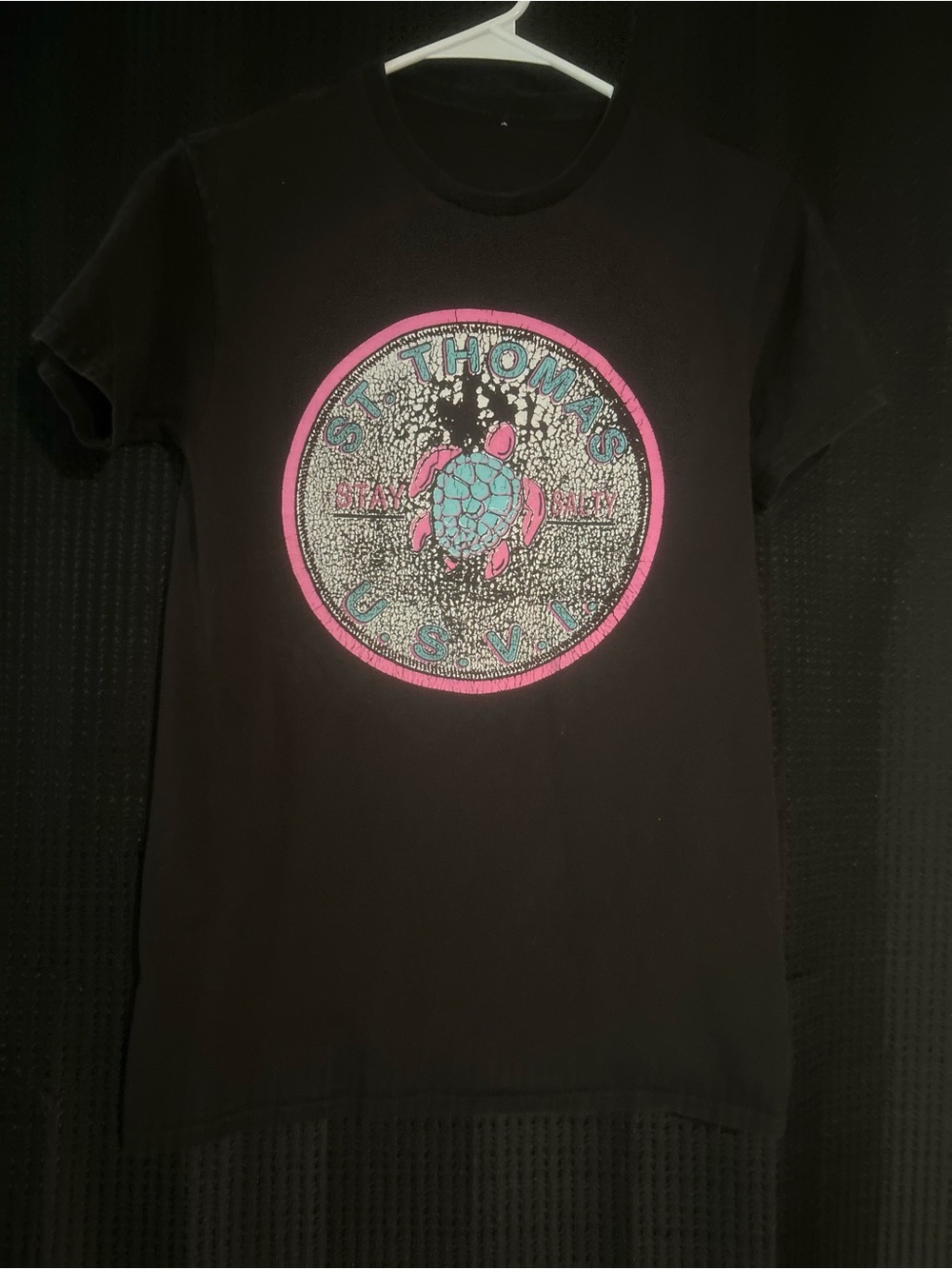 Women’s Distressed Black Graphic T-Shirt with Pink & Teal Turtle